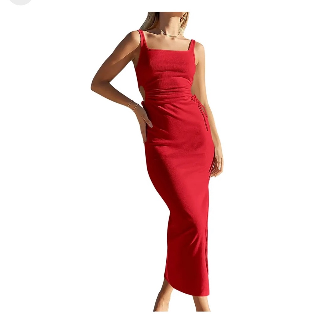 Red ribbed cutout maxi dress